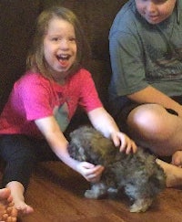 two girls playing with a small dog